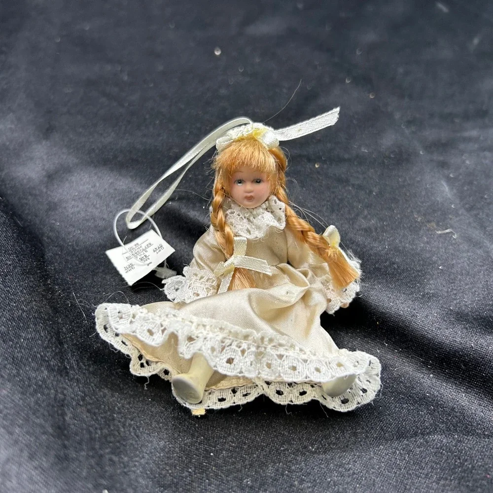 Miniature Porcelain Doll Ornament Cream Satin Lace Dress Braided Hair Vintage
